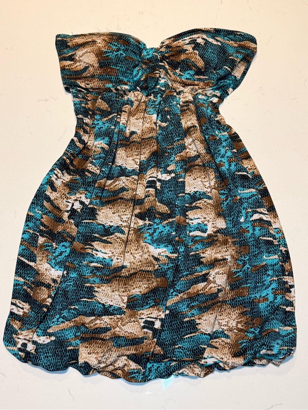 Y2K Woman’s Strapless Turquoise & Brown Patterned Dress